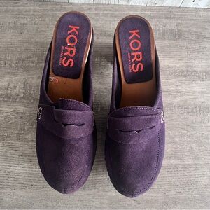 Michael Kors Plum Purple Suede Studded Wooden Clogs Size 7